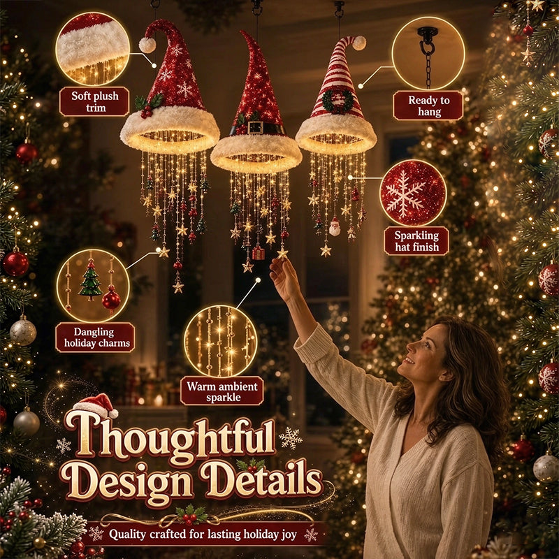 Lighted Santa Hat Hanging Chandelier – 3 Styles Warm LED Christmas String Lights with Festive Ornaments, Holiday Lighting Decor