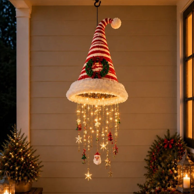 Lighted Santa Hat Hanging Chandelier – 3 Styles Warm LED Christmas String Lights with Festive Ornaments, Holiday Lighting Decor