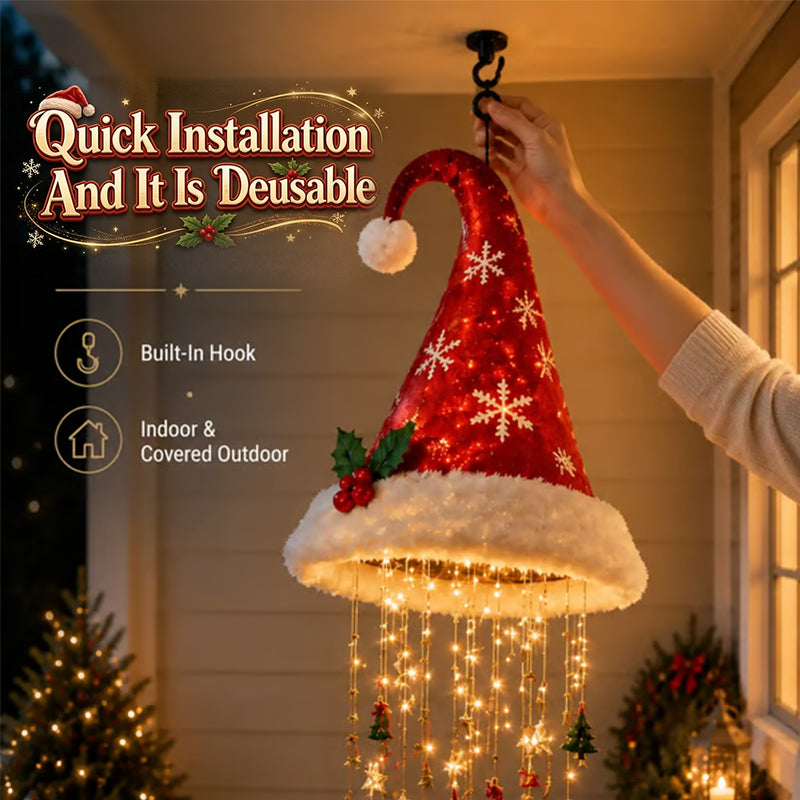 Lighted Santa Hat Hanging Chandelier – 3 Styles Warm LED Christmas String Lights with Festive Ornaments, Holiday Lighting Decor