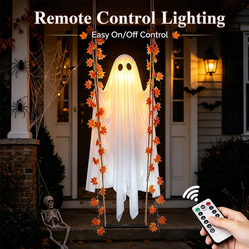 LED Luminous Hanging Swinging Ghost – Adjustable Brightness, Remote Control Halloween Yard Flying Ghost Decoration