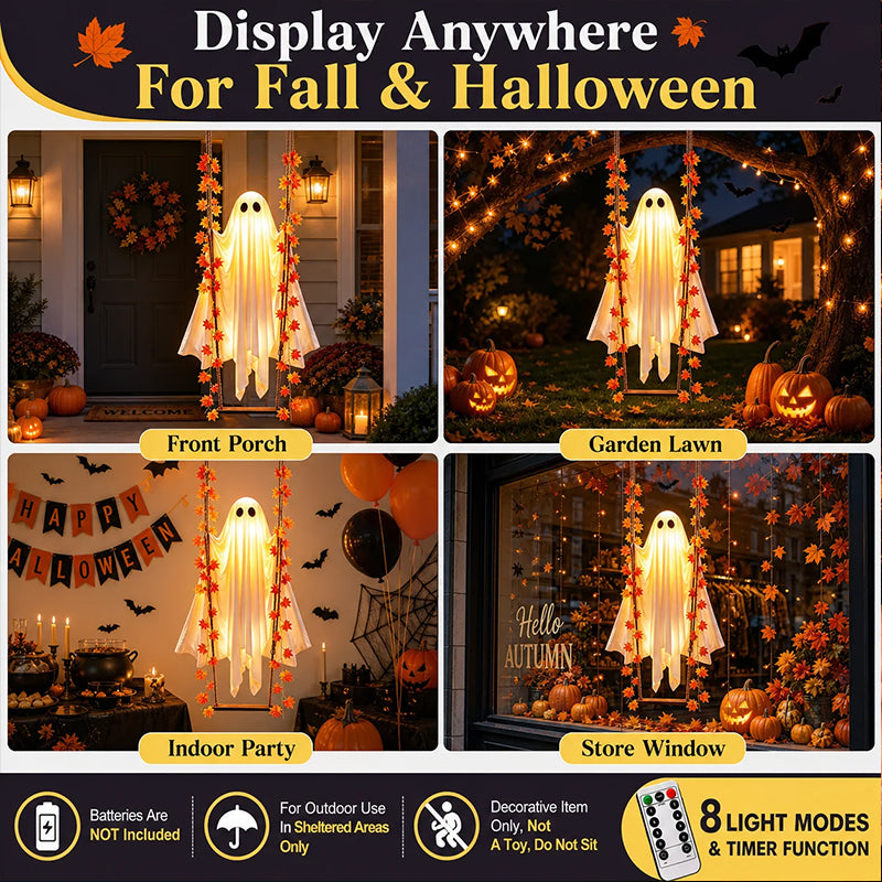 LED Luminous Hanging Swinging Ghost – Adjustable Brightness, Remote Control Halloween Yard Flying Ghost Decoration