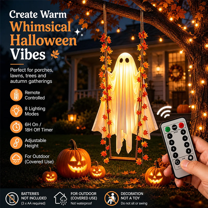 LED Luminous Hanging Swinging Ghost – Adjustable Brightness, Remote Control Halloween Yard Flying Ghost Decoration