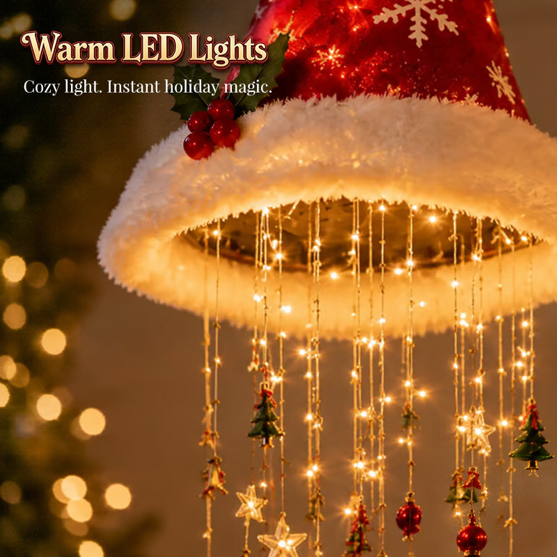 Lighted Santa Hat Hanging Chandelier – 3 Styles Warm LED Christmas String Lights with Festive Ornaments, Holiday Lighting Decor