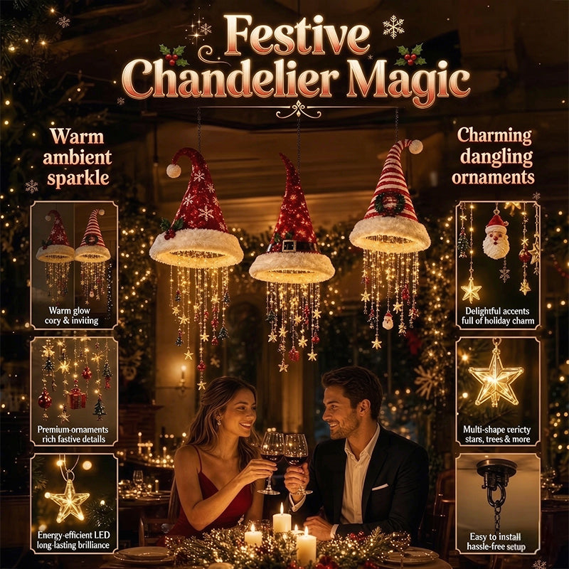 Lighted Santa Hat Hanging Chandelier – 3 Styles Warm LED Christmas String Lights with Festive Ornaments, Holiday Lighting Decor