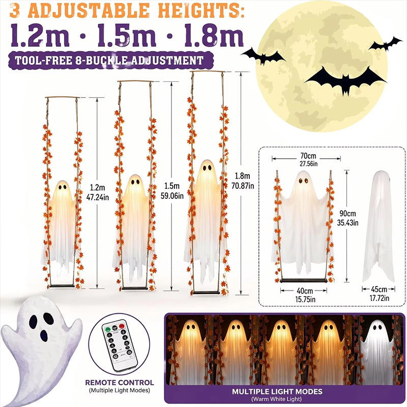 LED Luminous Hanging Swinging Ghost – Adjustable Brightness, Remote Control Halloween Yard Flying Ghost Decoration