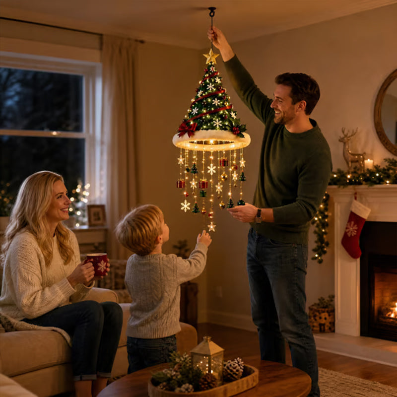 Lighted Santa Hat Hanging Chandelier – 3 Styles Warm LED Christmas String Lights with Festive Ornaments, Holiday Lighting Decor