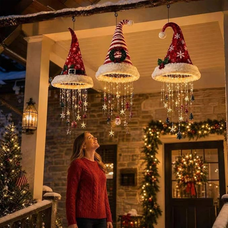 Lighted Santa Hat Hanging Chandelier – 3 Styles Warm LED Christmas String Lights with Festive Ornaments, Holiday Lighting Decor