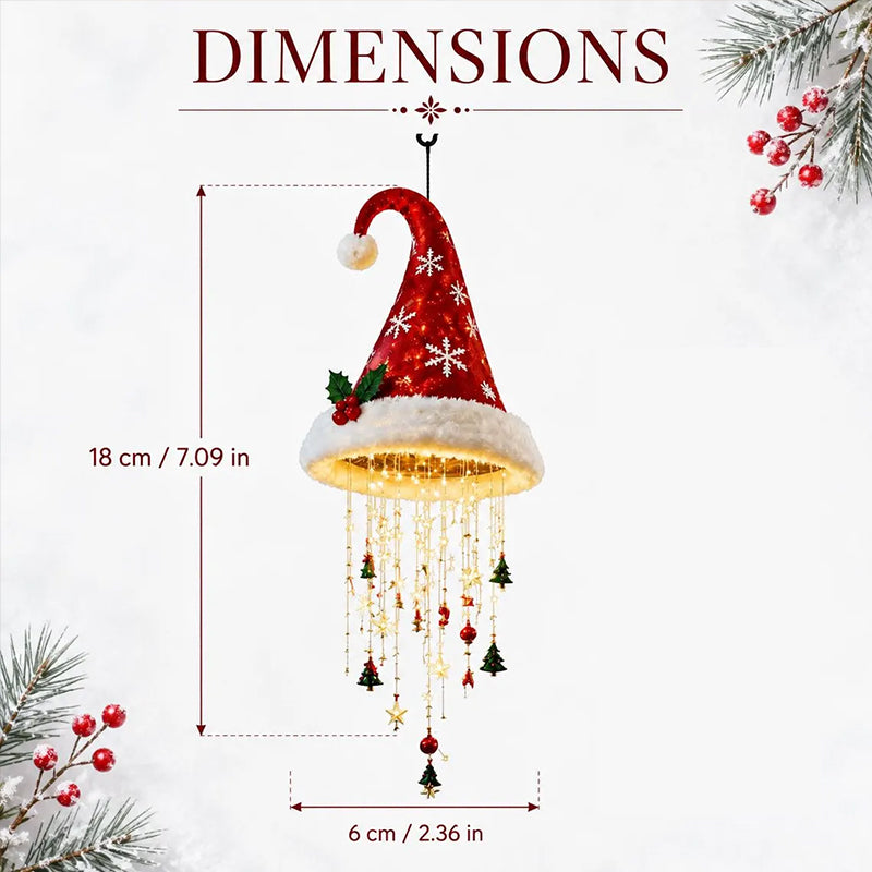 Lighted Santa Hat Hanging Chandelier – 3 Styles Warm LED Christmas String Lights with Festive Ornaments, Holiday Lighting Decor