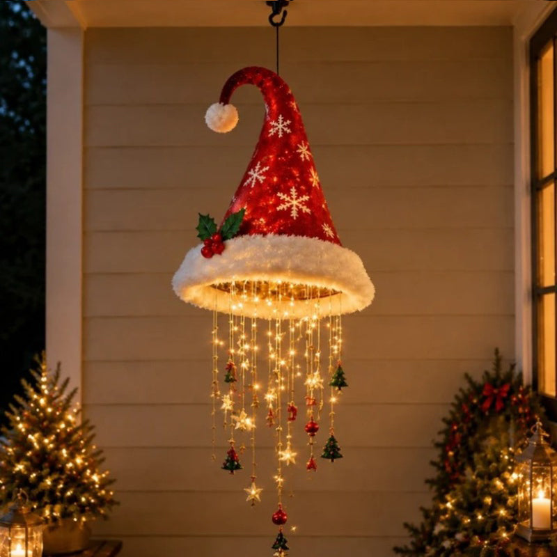 Lighted Santa Hat Hanging Chandelier – 3 Styles Warm LED Christmas String Lights with Festive Ornaments, Holiday Lighting Decor