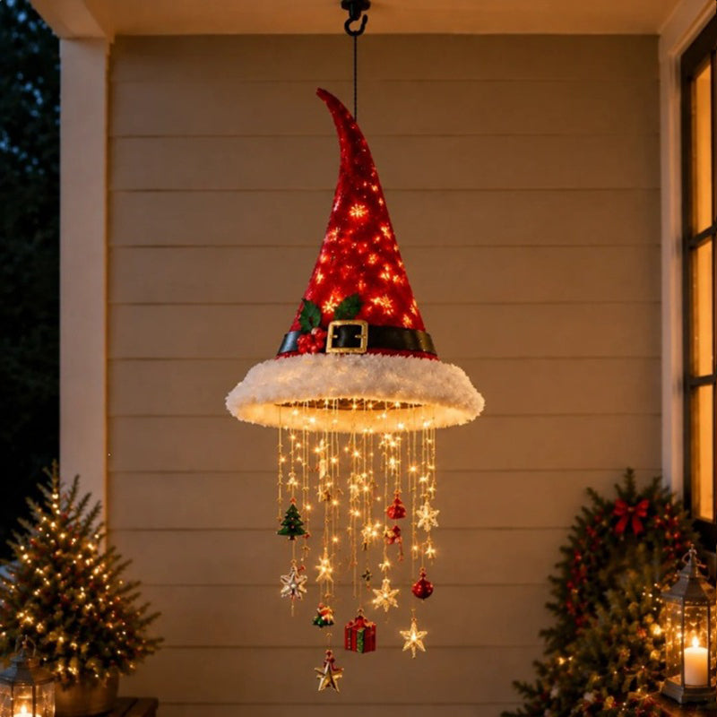 Lighted Santa Hat Hanging Chandelier – 3 Styles Warm LED Christmas String Lights with Festive Ornaments, Holiday Lighting Decor