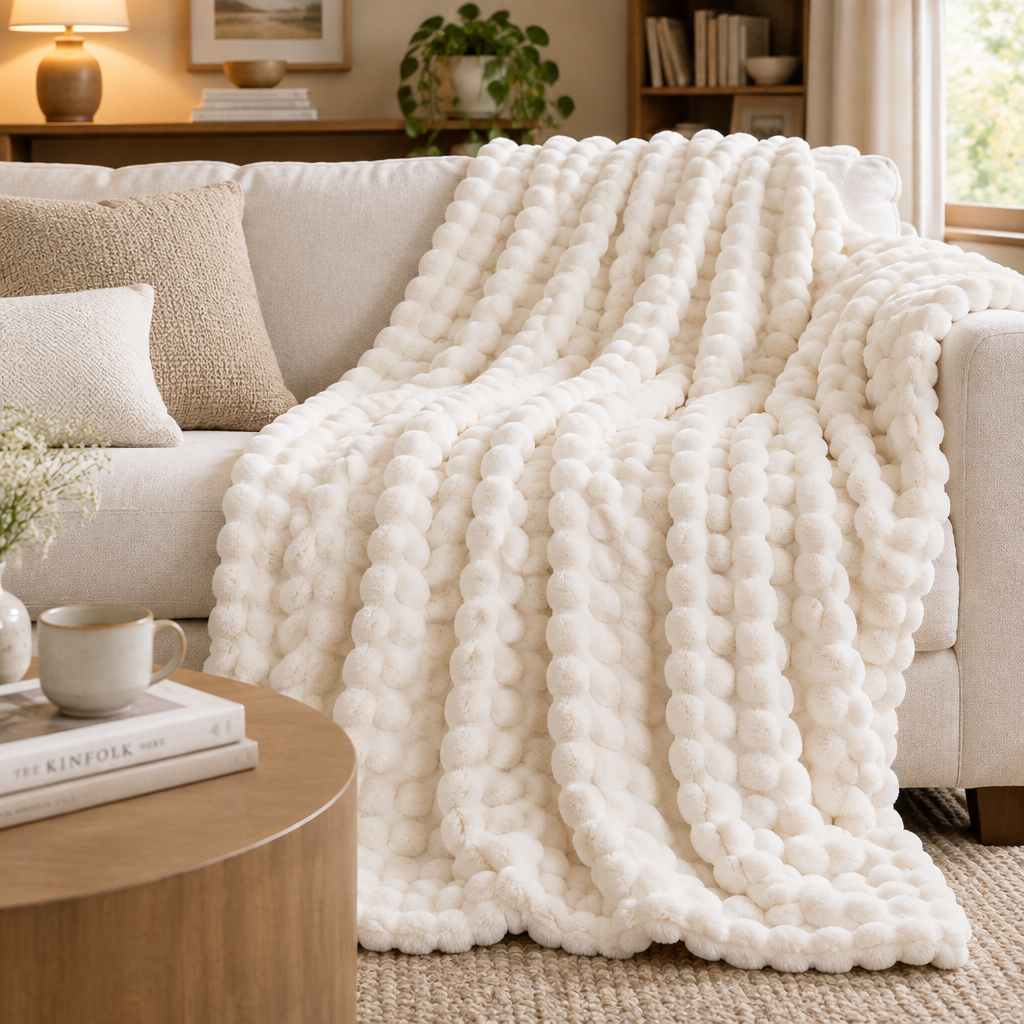 Milky White Bubble Velvet Blanket